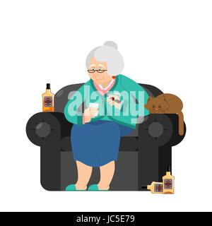 Oma trinkt Alkohol und rauchen Zigarren. alte Frau im Lehnstuhl mit Flasche Whiskey. Oma und Kat. Brandy und Tequila Glas Stock Vektor