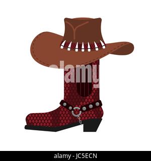 Australischer Hut und Krokodil-Haut-Stiefel. Cowboy-Kappe und Python-Leder-Schuhe. Schuh-westliche Kleidung und rodeo Stock Vektor