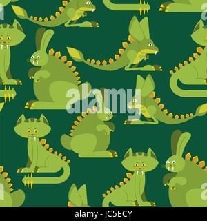 Prähistorische Kaninchen Dinosaurier Musterdesign. Dino-Katze-Schmuck. Raptor Jerboa Monster Textur. Hintergrund für Kinder Tuch. Jura-Tiere-Set Stock Vektor