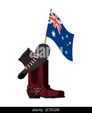 Australien-Flagge und australischer Hut und Krokodil-Haut-Stiefel. Cowboy-Kappe und Python-Leder-Schuhe. Schuh-westliche Kleidung und rodeo Stock Vektor