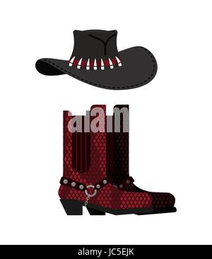 Australischer Hut und Krokodil-Haut-Stiefel. Cowboy-Kappe und Python-Leder-Schuhe. Schuh-westliche Kleidung und rodeo Stock Vektor