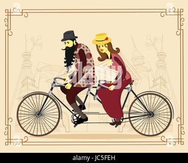 Vektor-Wohnung glücklich reifer Mann und Frau mit alten Retro-Tandem Fahrrad. Liebe paar. Valentinstag-Grußkarte. Vektor-Cartoon-Illustration. Stock Vektor