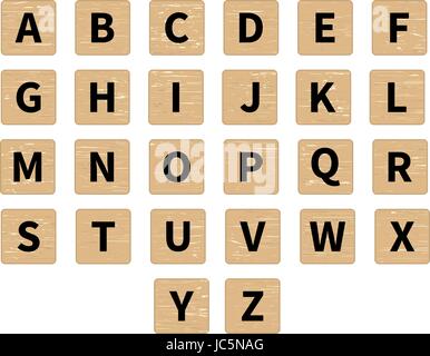 Vektor Wort Puzzle-Spiel. Alphabet auf Holzfliesen, Vorderansicht. Schwarze Symbole auf strukturierten Holz Hintergrund Stock Vektor