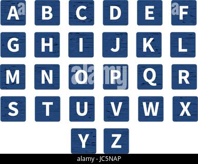Vektor Wort Puzzle-Spiel. Alphabet auf Holzfliesen, Vorderansicht. Weiße Symbole auf dunkelblauen Hintergrund Holz Stock Vektor