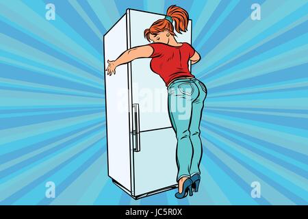 Ernährung und Lebensmittel. Schöne Frau umarmt home Kühlschrank. Comic-Cartoon-Stil Pop Art Retro-Vektor Farbzeichnung Abbildung Stock Vektor