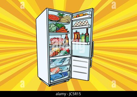 Home Kühlschrank mit Lebensmitteln gefüllt. Obst und Gemüse, Fleisch und Fisch. Comic-Cartoon-Stil Pop Art Retro-Vektor Farbzeichnung Abbildung Stock Vektor