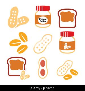 Erdnüsse, Erdnussbutter - Essen-Vektor-Icons set Stock Vektor