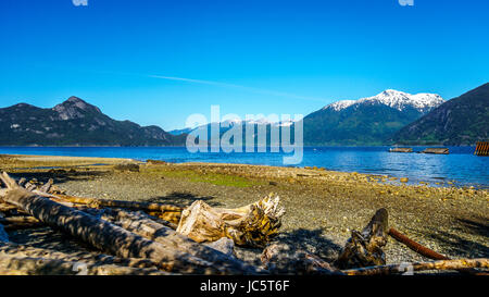 Treibholz am Strand von Porteau Cove auf Howe Sound mit Amboss Insel im Hintergrund. Porteau Cove ist entlang Highway 99 zwischen Vancouver und Squam Stockfoto