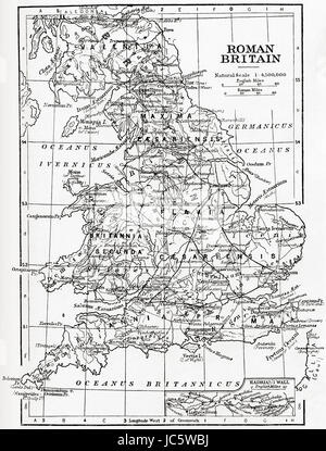 Karte von Roman Britain zeigt das Gebiet von der Insel Großbritannien, die durch das römische Reich, von 43 bis 410 n. Chr. regiert wurde.  Hutchinson Geschichte der Nationen veröffentlichte 1915. Stockfoto