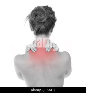 Frau, die Nacken und Trapezius Ache, isoliert auf weiss Stockfoto