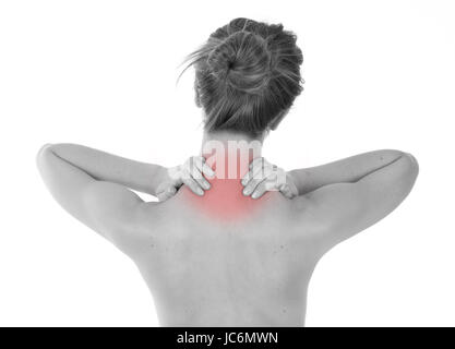 Junge Frau, die Nacken und Trapezius Ache, isoliert auf weiss Stockfoto