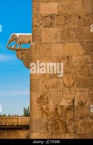 Cagliari Elefant Turm, Detail der Fassade der Torre dell'Elefante im Quartier Castello zeigt ein Stein Elefant, stehend auf einem Corbel. Stockfoto