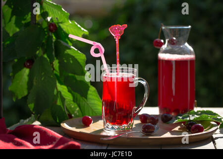 Hausgemachte Sauerkirsche Kompott in Glasschale mit Glas Bambus Tablett und Kirschen zur Seite Stockfoto