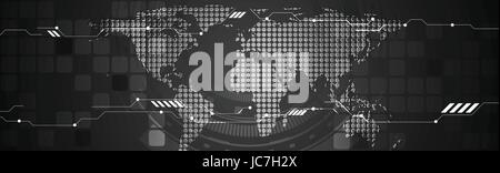 Abstrakte Technologie Konzept schwarz Header Webdesign. Vektor-Header-Template mit gepunkteten Weltkarte, Gänge und Plätze. Banner-Abbildung Stock Vektor