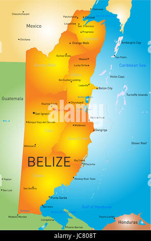 Vektorkarte von Belize mit der Hauptstadt und in Städten Stockfoto