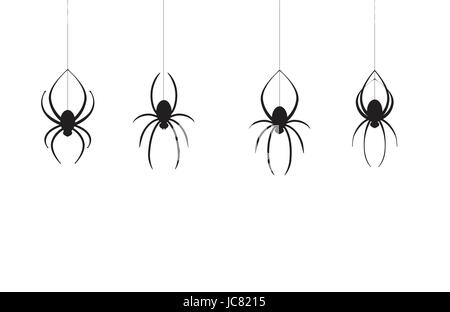 Vier stylische schwarze Halloween-Spinnen, die auf einzelnen Netzlinien absteigen, in einem lustigen und gruseligen Design. Stock Vektor