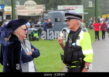 Beaulieu, Hampshire, UK - 29. Mai 2017: UK Polizist im Gespräch mit der rechten Hon. Mary Montagu-Scott und ein Freund bei 2017 999 anzeigen Stockfoto