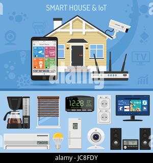 Smart House und Internet der Dinge-Konzept. Smartphone steuert intelligente Haus wie Überwachungskamera, Beleuchtung, Klimaanlage und Musik-Center-flach-Ikonen. Stock Vektor