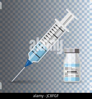 Symbol aus Kunststoff medizinische Spritze mit Nadel und Fläschchen in flachen Stil, Konzept der Impfung, Injektion, Vektor-Illustration auf transparenten Hintergrund Stock Vektor
