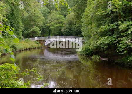 Die Ha'penny (Halfpenny) Brücke in Linn Park, Schottland auch bekannt als die weiße Brücke. Im Jahre 1835 erbaut, ist es die älteste gusseiserne Brücke in Glasgow. Stockfoto