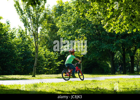 Aberystwyth Wales UK, Mittwoch, 14. Juni 2017 UK Wetter: ein Kind Radfahren zur Schule an der Plascrug Allee, an einem hellen warmen sonnigen Morgen in Aberystwyth, Wales. Temperaturen dürften heute erreichbaren hohen 20er Jahre Celsius in Teilen von Süd-Osten von UK Photo Credit: Keith Morris/Alamy Live News Stockfoto