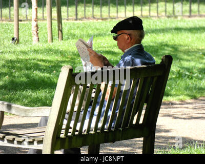 London, UK. 14. Juni 2017. Ein Mann braucht, um den Schatten im Hyde Park wie die Temperaturen steigen. Bildnachweis: Brian Minkoff /Alamy Live-Nachrichten Stockfoto