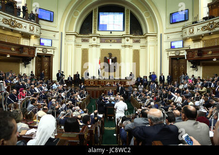 (170614)--Kairo, 14. Juni 2017 (Xinhua)--Mitglieder des ägyptischen Parlaments besuchen ein Voting in Kairo, Ägypten, am 14. Juni 2017. Das ägyptische Parlament genehmigt in eine endgültige Abstimmung am Mittwoch eine umstrittene Sache, unter denen Ägypten zwei rote Meer Inseln nach Saudi Arabien übertragen das ägyptische Staatsfernsehen berichtete. Die Genehmigung kam während einer allgemeinen Sitzung, die früher in den Tag nach der Annahme der Verteidigung und nationale Sicherheitsausschuß des Parlaments abgehalten wurde. Gesetzgebenden Ausschuss des Parlaments ging es am Dienstag. (Xinhua/Ahmed Gomaa) Stockfoto