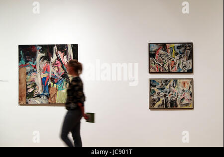 Frankfurt am Main, Deutschland. 14. Juni 2017. Eine Frau besucht die Ausstellung "Carolee Schneemann. Kinetische Malerei "im Museum für moderne Kunst in Frankfurt am Main, Deutschland, am 14. Juni 2017. Die Ausstellung wurde am 31. Mai eröffnet und wird zuletzt bis September 24. Bildnachweis: Luo Huanhuan/Xinhua/Alamy Live-Nachrichten Stockfoto