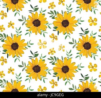 Vintage gelbe Sonnenblume kleine weiche Blumen, Blätter Hintergrund, nahtlose Tapete botanische floralen Design Aquarell Illustration für textil Stock Vektor