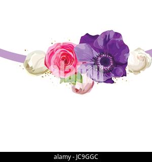 Helle Blume Blumen rosa Rose Anemone schönen schönen Frühling Sommer Bouquet Vektor-Illustration verlässt. Moderne quadratische elegante Aquarell de Draufsicht Stock Vektor