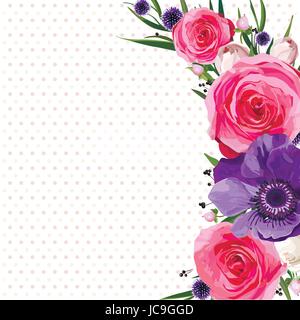 Blume Blumen heißen rosa Rose Anemone Distel verlässt Agonis schönen schönen Frühling Sommer Bouquet Vektor-Illustration. Ansicht von oben eckig elegante w Stock Vektor