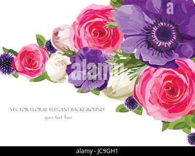 Blüte leuchtend rosa Blumen Rose Anemone Distel Blätter, schöne schönen Frühling Sommer Bouquet Vektor-Illustration. Ansicht von oben horizontal elegant ve Stock Vektor