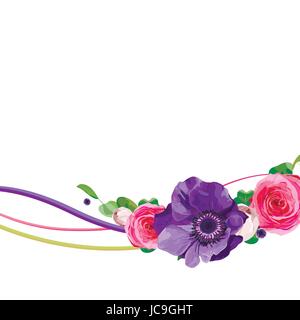 Helle Blume Blumen rosa Rose Anemone schönen schönen Frühling Sommer Bouquet Vektor-Illustration verlässt. Moderne quadratische elegante Aquarell de Draufsicht Stock Vektor