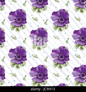 Vintage Anemone Coronaria lila lila Mohn Blumen Blätter Hintergrund, weibliche Blüte Quadratmeter Tapete botanische floralen Design Aqua Stock Vektor