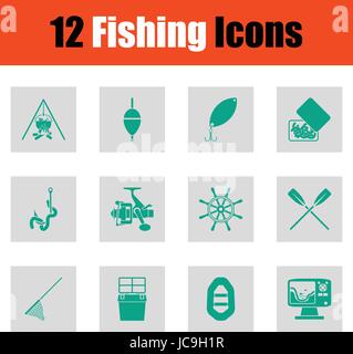 Angeln-Icon-Set. Grün auf grau Design. Vektor-Illustration. Stock Vektor