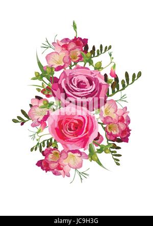 Blume rosa Rose Freesie, Hypericum, Erbse Blätter Kräuter schönen schönen Frühling Sommer blühen Blumenstrauß Vektor Illustration Element. Draufsicht verbor Stock Vektor