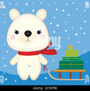 Bär Bruin wenig cartoon Teddy tierische Geschenke Schal Schnee Schlitten Winter süße Weihnachten Weihnachten Neujahr Karte Postkarte Zeichen flaches Design Vektor horizontale clos Stock Vektor