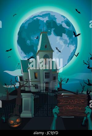 Halloween-Nacht: Mond schöne Burg Schloss Zombiehände halten Plank mit Text Partei Geist scary Kürbis Bäume Fledermaus Rearmouse geschnitzt. Vektor-verti Stock Vektor