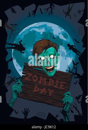 Halloween Nacht Mond Zombi Zombie böse Geister Monster Freak Tier Skelett Hipster halten Holzbrett Party-Einladung Fledermaus Friedhof. Senkrechten Vektor schließen Stock Vektor