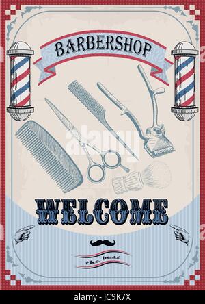 Frame Border Schere, die Clippers Schere Pinsel Tupfer Rasierer Haarschneider Klinge Barber Vintage retro-Barbershop. Vektor-vertikale Closeup Draufsicht schöne o Stock Vektor