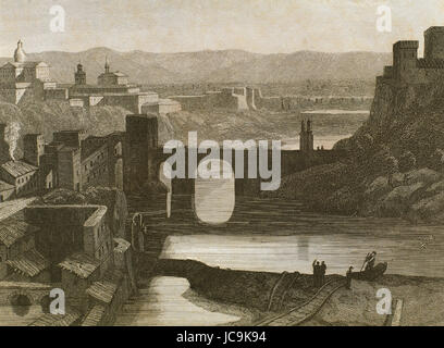 Spanien. Toledo Stadt im 15. Jahrhundert. Die Puente de Alcántara, eine römische Bogenbrücke, überspannt den Fluss Tejo. Kupferstich, 1852. Stockfoto