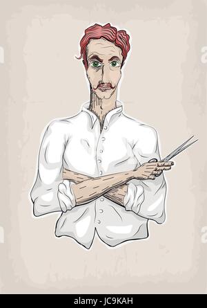 Der Mensch männlichen menschlichen Friseur-Friseur, Coiffeur, Haarschneider in weißen Hemd mit gefalteten Händen, foxy Haare, Schere. Vektor senkrecht Closeup vorne v Stock Vektor