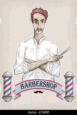 Der Mensch männlichen menschlichen Friseur-Friseur, Coiffeur, Haarschneider in weißen Hemd mit gefalteten Händen, foxy Haare, Schere. Vektor senkrecht Closeup vorne v Stock Vektor