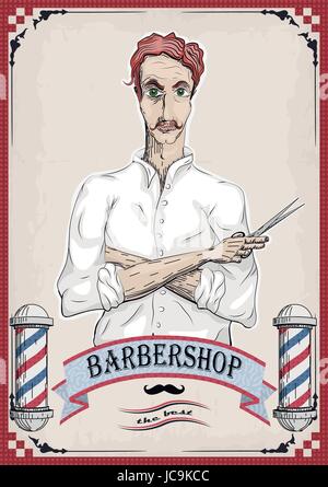 Der Mensch männlichen menschlichen Friseur-Friseur, Coiffeur, Haarschneider in weißen Hemd mit gefalteten Händen, foxy Haare, Schere. Vektor senkrecht Closeup vorne v Stock Vektor