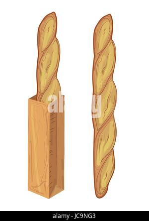 Frische natürliche Brotlaibe Französisch knuspriges frisches lange Baguette in organischen Papiertüte. Vektor Nahaufnahme schöne leckere Illustration Shop Bäckerei Produkt cr Stock Vektor