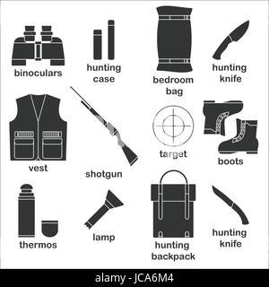 Jagd Icon Set Vector Abbildung von Silhouette Symbole mit verschiedenen modernen Jäger Ausrüstung auf weißem Hintergrund Stock Vektor