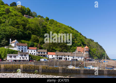 Auf dem Land mit Blick auf den Hafen von Lynmouth auf der Nord-Devon Coast in Exmoor National Park, England. Stockfoto