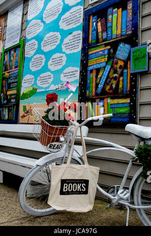 Buch Fahrrad Blume Pflanzer vor einem Buchladen. Stockfoto