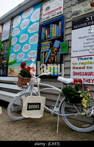 Buch Fahrrad Blume Pflanzer vor einem Buchladen. Stockfoto