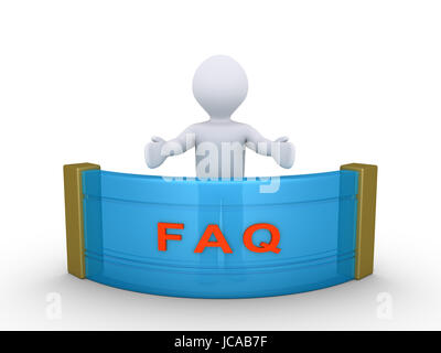 3D Person hinter einer Theke mit FAQ Buchstaben drauf Stockfoto